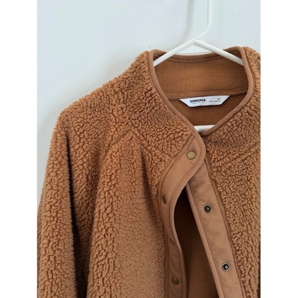 Cozy Sonoma Sherpa Fleece Jacket Womens 1X Brown Teddy Snap Front Mock Neck Soft - Picture 2 of 9